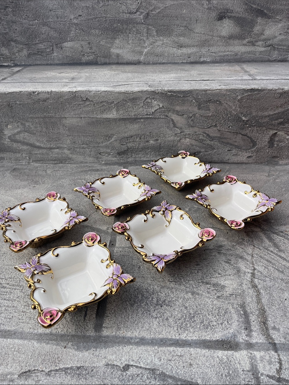 Porcelain Decorative Serving Dishes - Pink & Gold Floral (Set of 6)